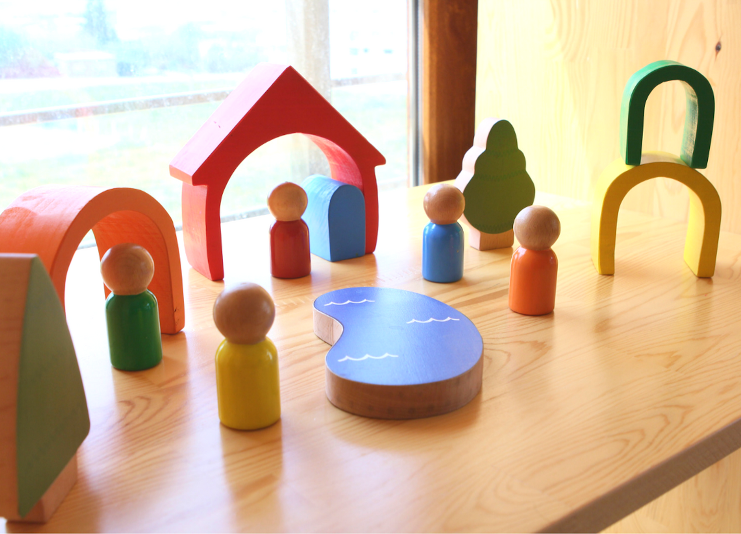 Wood&Joy Wooden Rainbow House Stacking Toy + 5 Peg Dolls