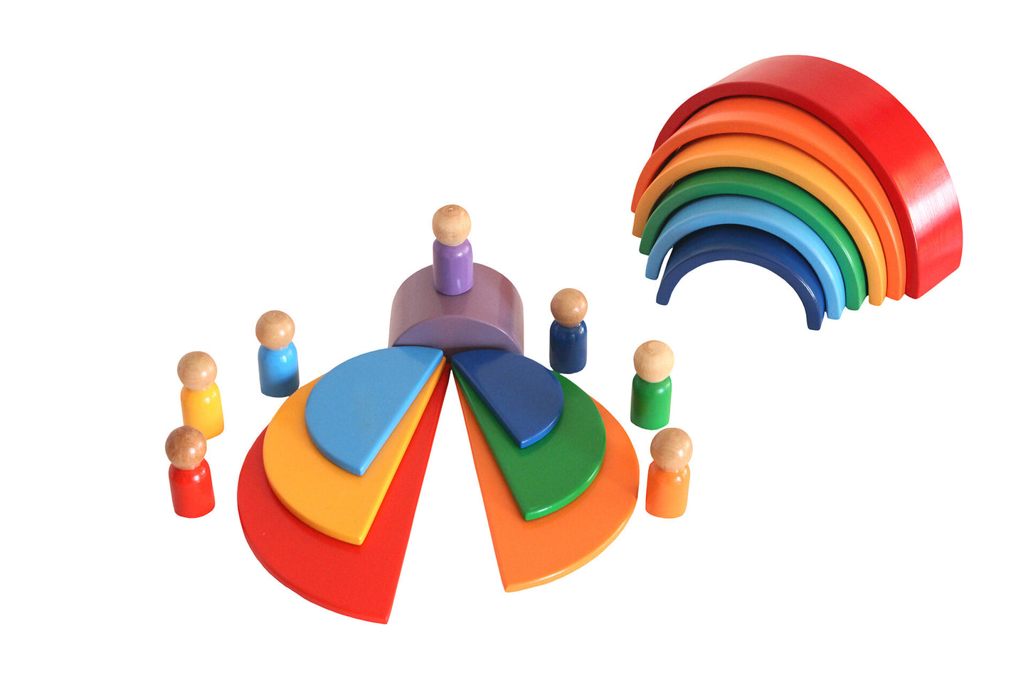 Wood&Joy Wooden Waldorf 7-Pieces Rainbow + Semicircle Tray + Peg Doll Set