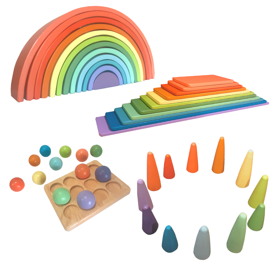 Wood&Joy Waldorf Playground City Set (71 Pieces Rainbow Colors)